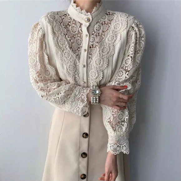Lace blouse floral womens clothing long sleeve - Picture 5 of 14